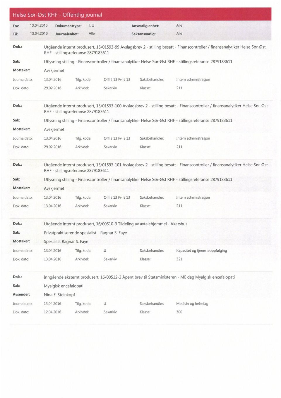 kode: Offl 13 Evl 13 Saksbehandler: Intern administrasjon Dok. dato: 29.02.2016 Arkivdel: Sakarkiv Klasse: 211 Dok.