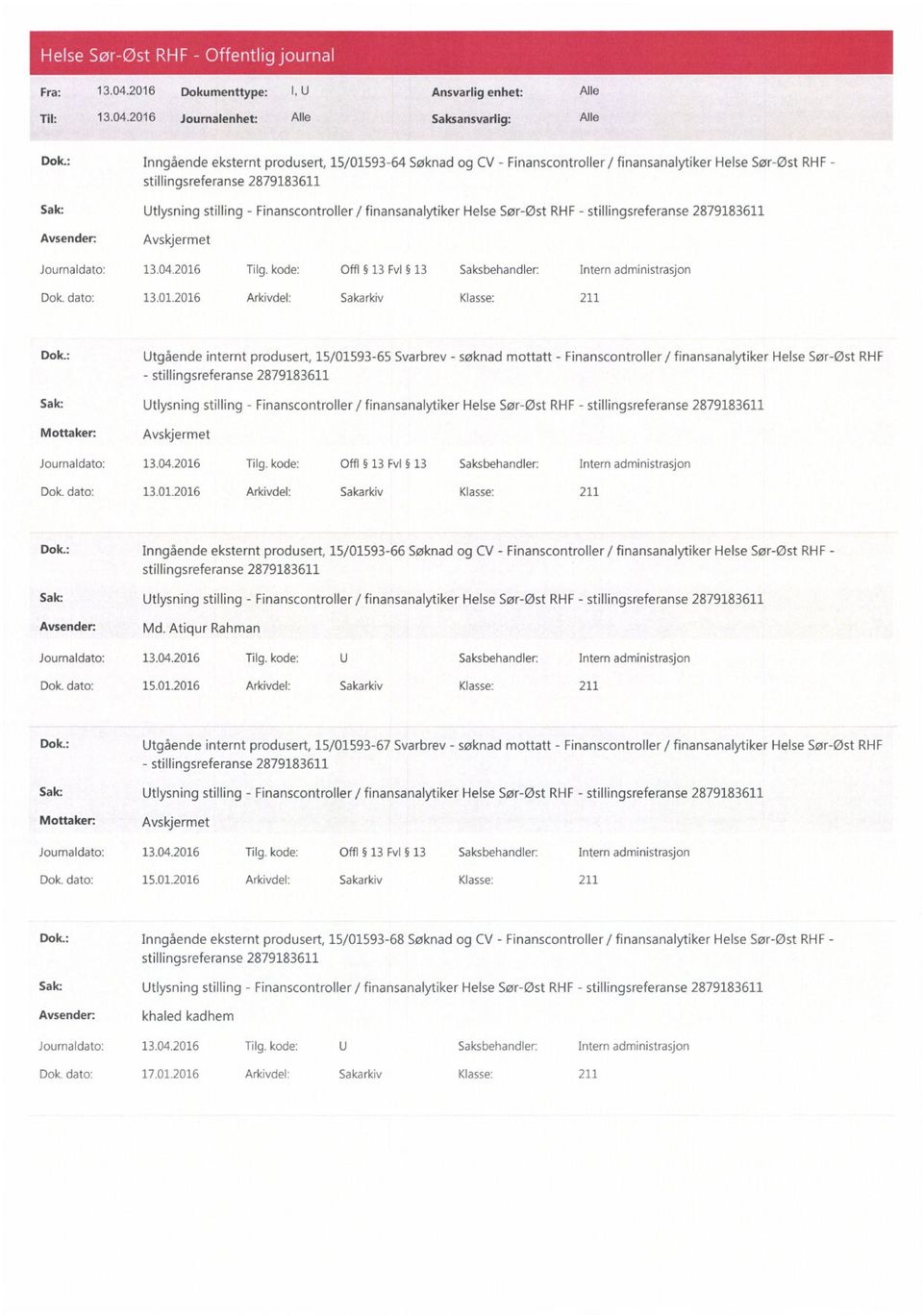 : Utgående internt produsert, 15/01593-65 Svarbrev - søknad mottatt - Finanscontroller / finansanalytiker Helse Sør-Øst RHF - Dok. dato: 13.01.2016 Arkivdel: Sakarkiv Klasse: 211 Dok.