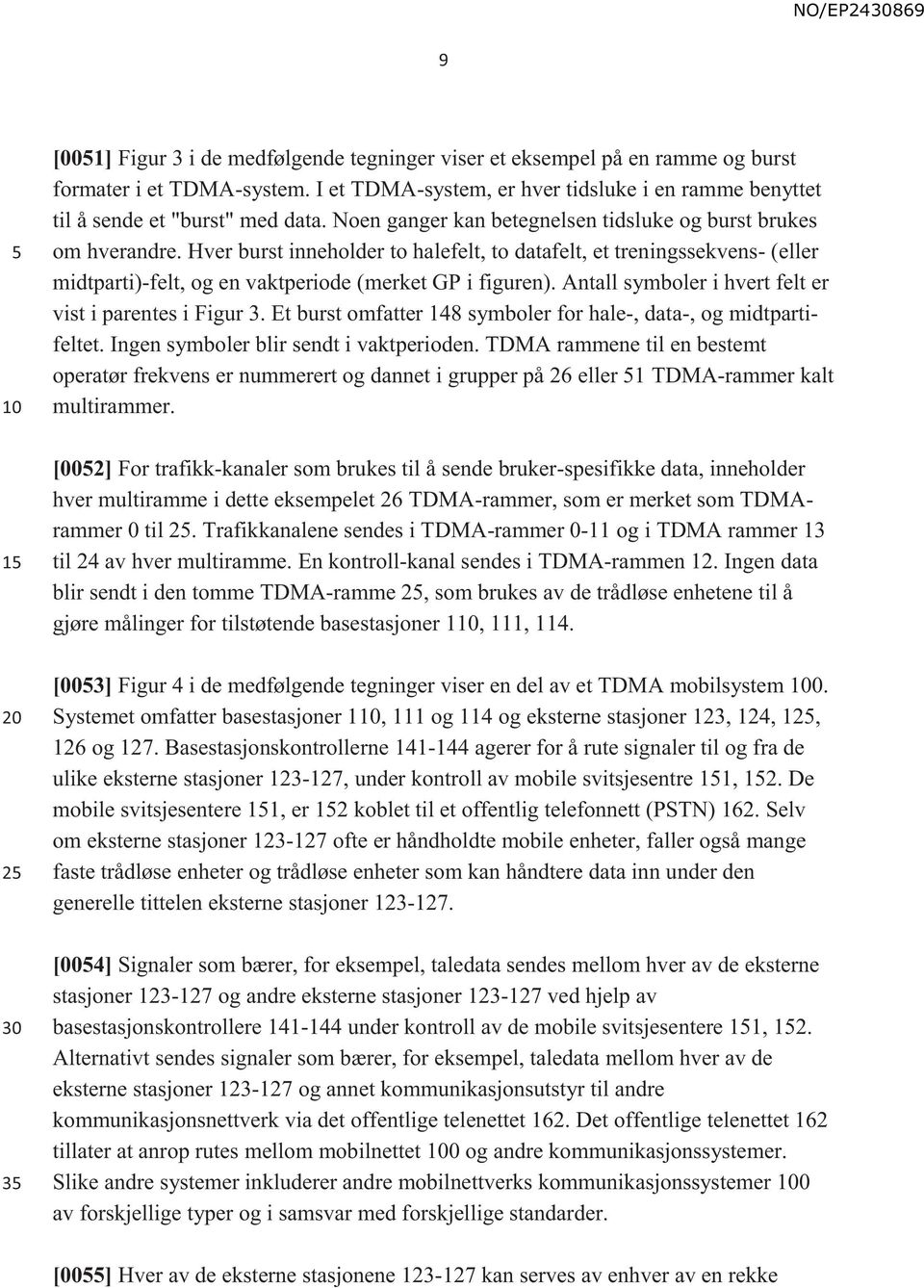 Antall symboler i hvert felt er vist i parentes i Figur 3. Et burst omfatter 148 symboler for hale-, data-, og midtpartifeltet. Ingen symboler blir sendt i vaktperioden.