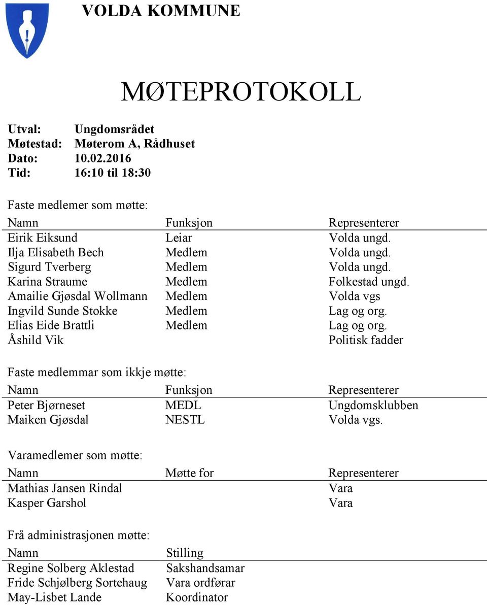 Karina Straume Medlem Folkestad ungd. Amailie Gjøsdal Wollmann Medlem Volda vgs Ingvild Sunde Stokke Medlem Lag og org. Elias Eide Brattli Åshild Vik Medlem Lag og org.