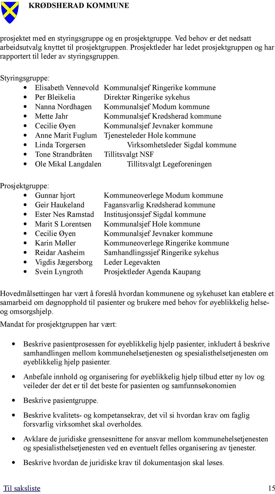 Styringsgruppe: Elisabeth Vennevold Kommunalsjef Ringerike kommune Per Bleikelia Direktør Ringerike sykehus Nanna Nordhagen Kommunalsjef Modum kommune Mette Jahr Kommunalsjef Krødsherad kommune