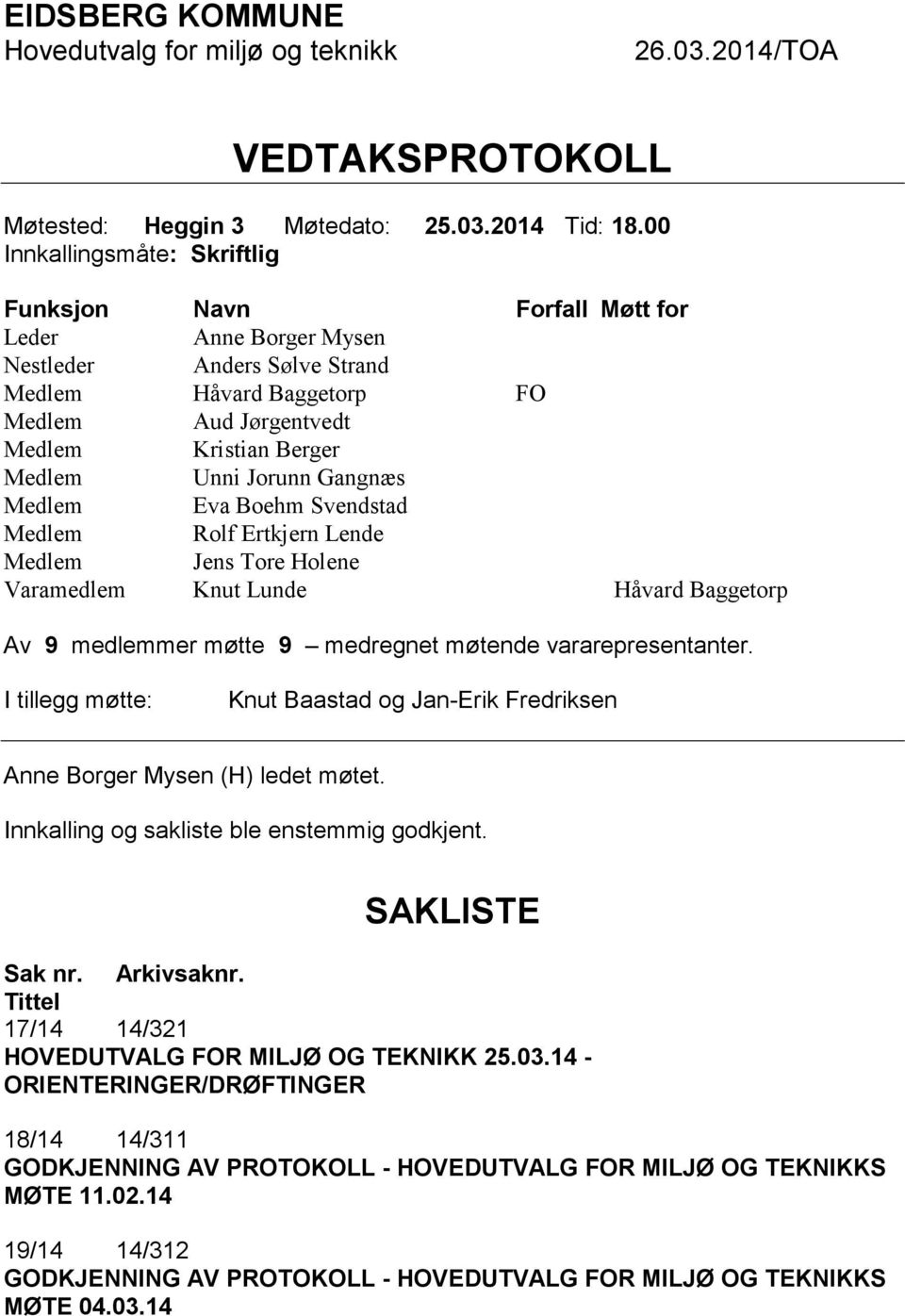 Jorunn Gangnæs Medlem Eva Boehm Svendstad Medlem Rolf Ertkjern Lende Medlem Jens Tore Holene Varamedlem Knut Lunde Håvard Baggetorp Av 9 medlemmer møtte 9 medregnet møtende vararepresentanter.