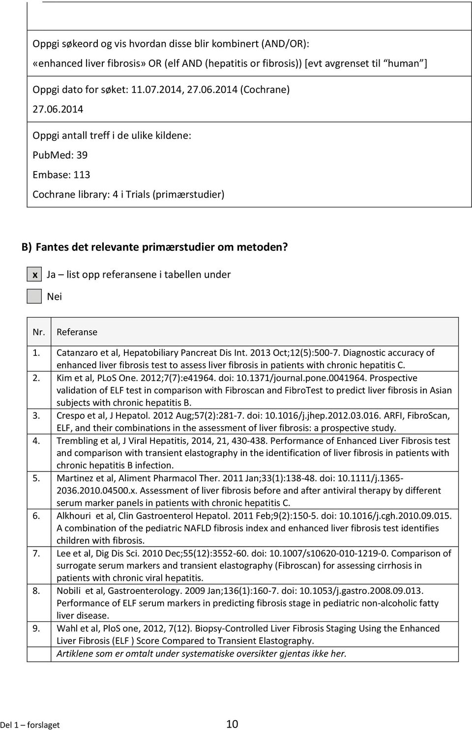 x Ja list opp referansene i tabellen under Nei Nr. Referanse 1. Catanzaro et al, Hepatobiliary Pancreat Dis Int. 2013 Oct;12(5):500-7.