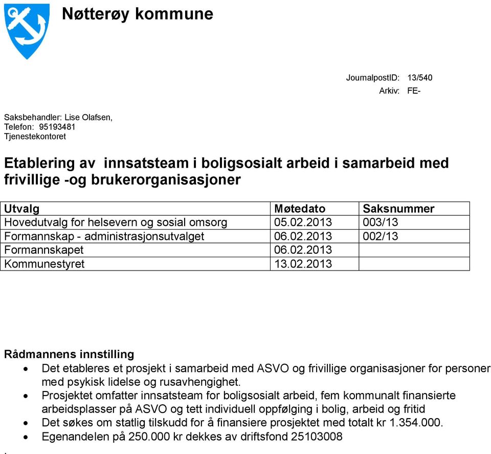 02.2013 Rådmannens innstilling Det etableres et prosjekt i samarbeid med ASVO og frivillige organisasjoner for personer med psykisk lidelse og rusavhengighet.