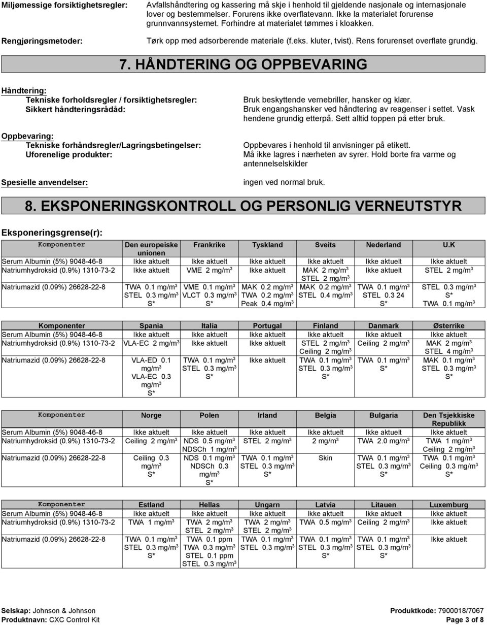 HÅNDTERING OG OPPBEVARING Håndtering: Tekniske forholdsregler / forsiktighetsregler: Sikkert håndteringsrådåd: Oppbevaring: Tekniske forhåndsregler/lagringsbetingelser: Uforenelige produkter: