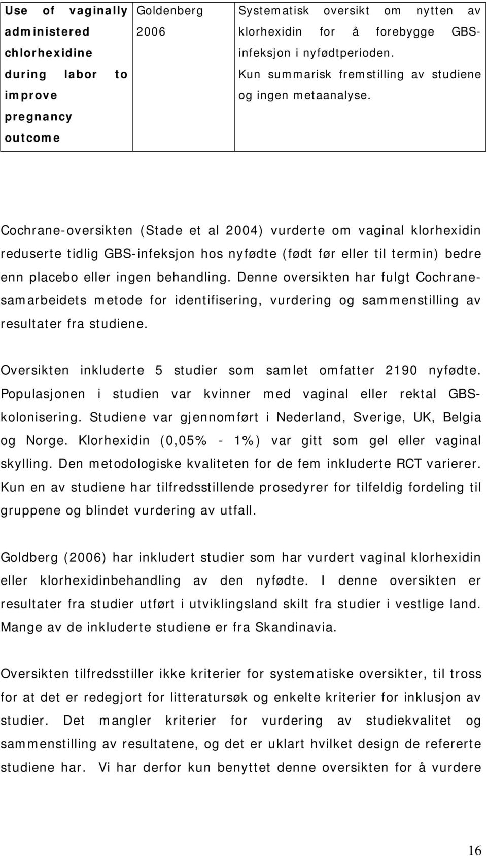 Cochrane-oversikten (Stade et al 2004) vurderte om vaginal klorhexidin reduserte tidlig GBS-infeksjon hos nyfødte (født før eller til termin) bedre enn placebo eller ingen behandling.