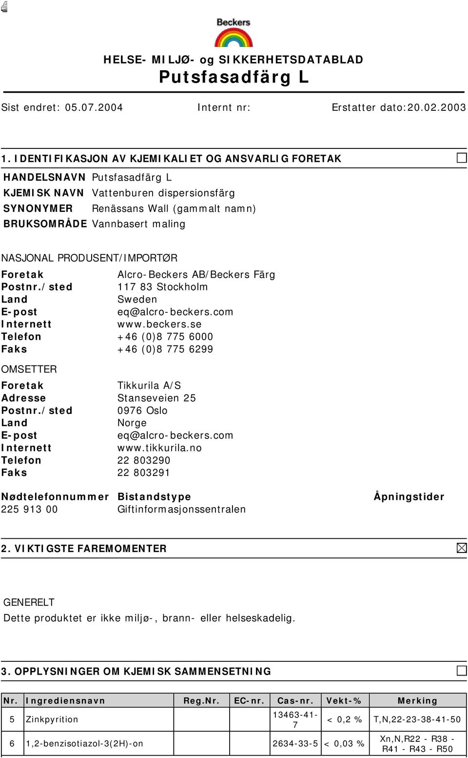 PRODUSENT/IMPORTØR Foretak Alcro-Beckers AB/Beckers Färg Postnr./sted 117 83 Stockholm Land Sweden E-post eq@alcro-beckers.