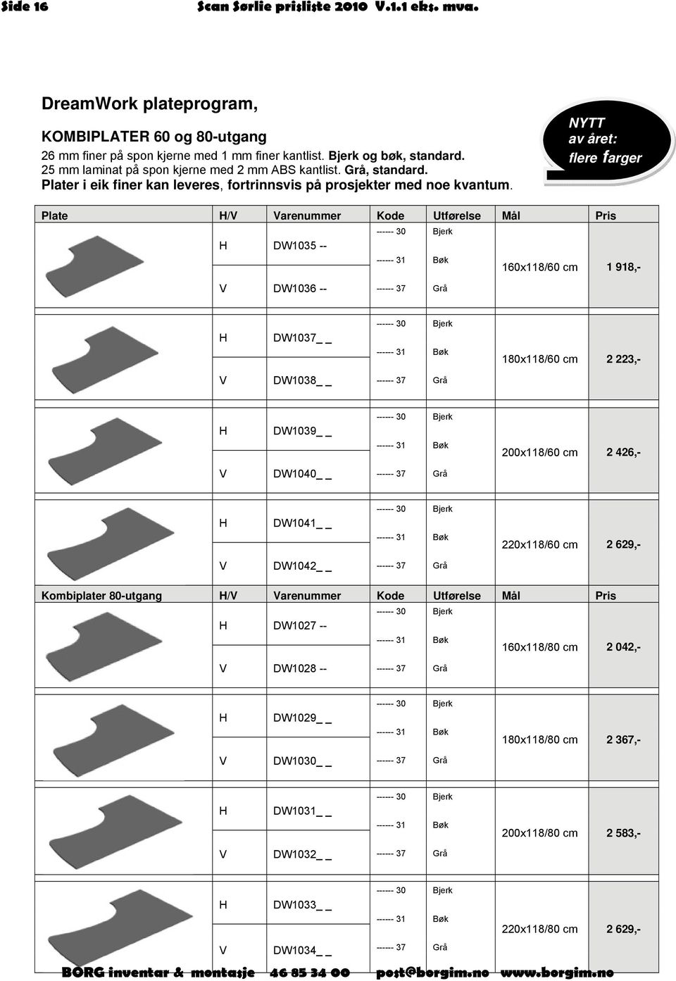 25 mm laminat spon kjerne med 2 mm finer kantlist Grå (GR)/sort (SO) og hvit (HV) laminat Plate H/V Varenummer Kode Utførelse Mål Pris H DW1035 -- ------ 30 ------ 31 160x118/60 cm 1 918,- V DW1036