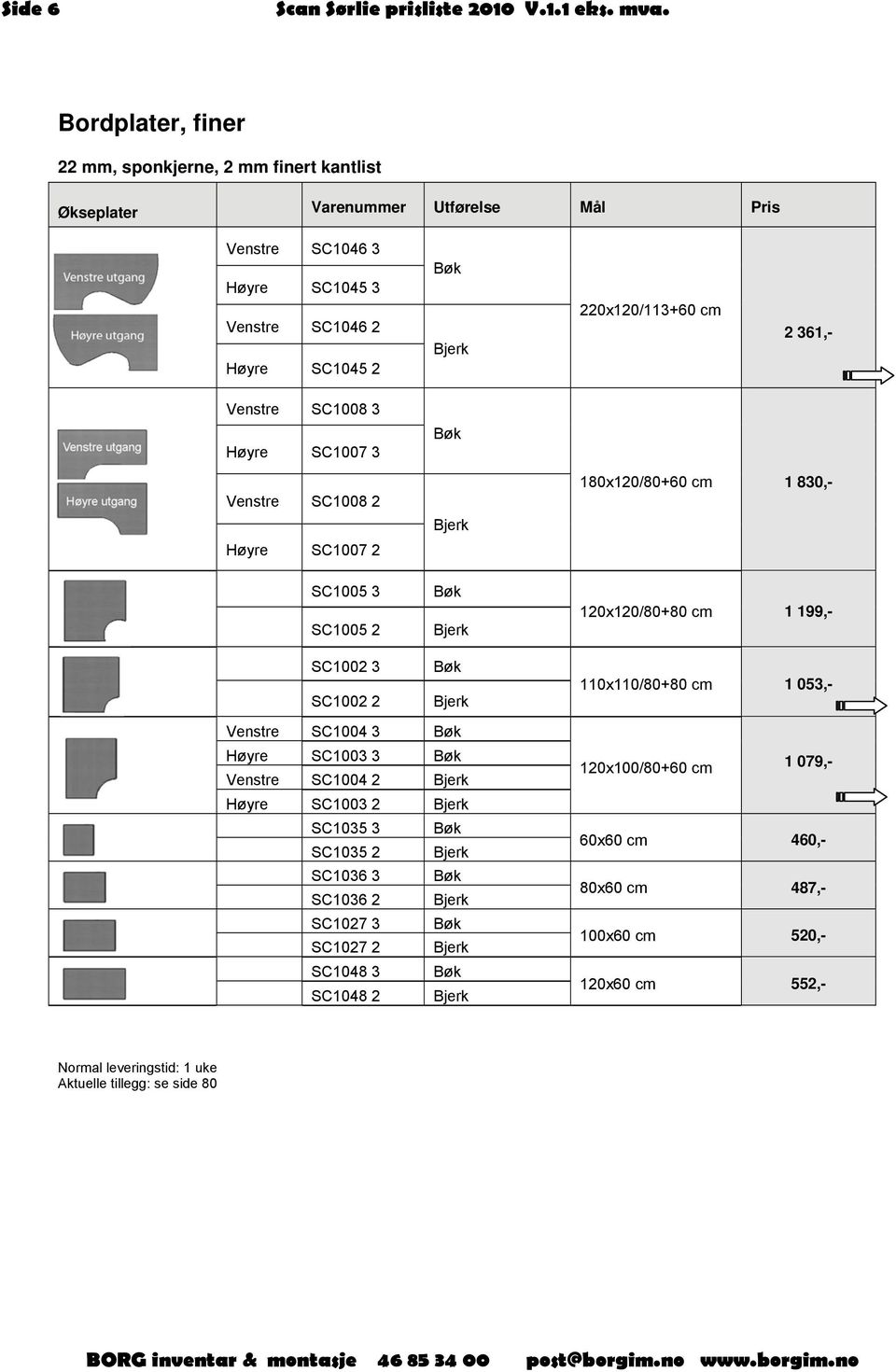 120x120/80+80 cm 1 199,- 110x110/80+80 cm 1 053,- Normal Bordplater, finer (forts) Venstre SC1004 3 Høyre SC1003 3 Venstre SC1004 2 Høyre SC1003 2 SC1035 3 SC1035