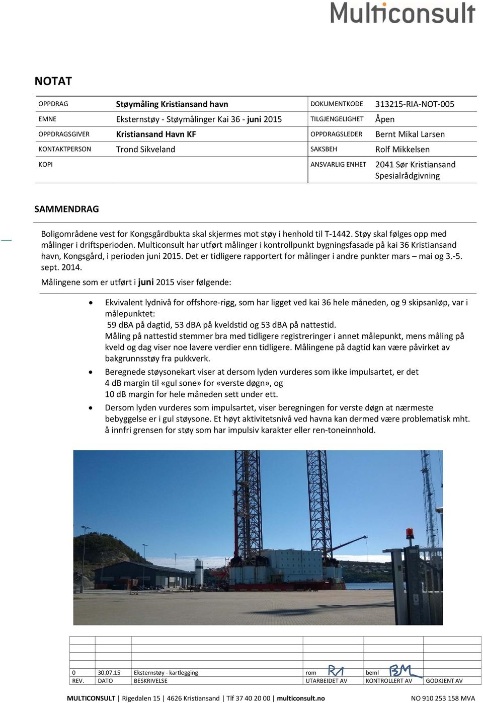 henhold til T 1442. Støy skal følges opp med målinger i driftsperioden. Multiconsult har utført målinger i kontrollpunkt bygningsfasade på kai 36 Kristiansand havn, Kongsgård, i perioden juni 15.