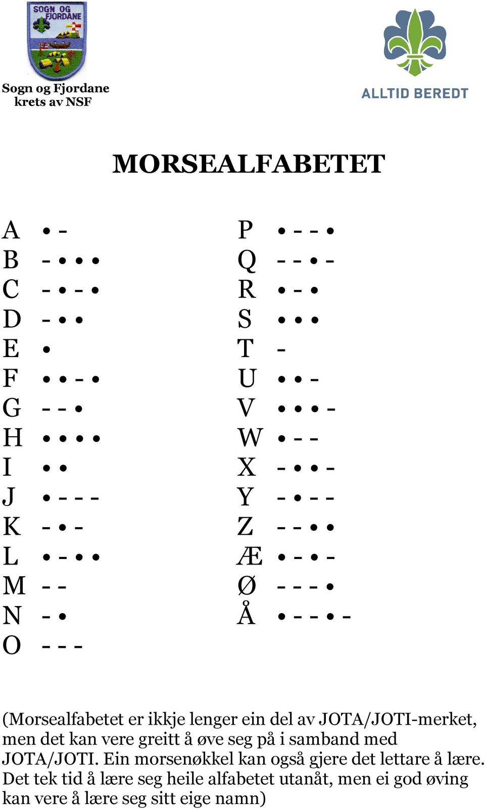 JOTA/JOTI-merket, men det kan vere greitt å øve seg på i samband med JOTA/JOTI.