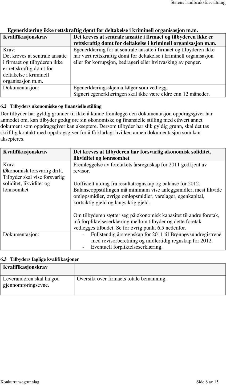 ikke eller for korrupsjon, bedrageri eller hvitvasking av penger. er rettskraftig dømt for deltakelse i kriminell organisasjon m.m. Dokumentasjon: Egenerklæringsskjema følger som vedlegg.