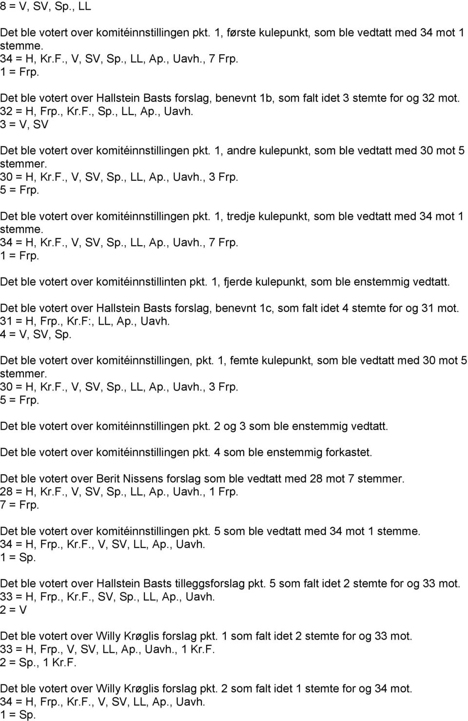 1, andre kulepunkt, som ble vedtatt med 30 mot 5 stemmer. 30 = H, Kr.F., V, SV, Sp., LL, Ap., Uavh., 3 Frp. 5 = Frp. Det ble votert over komitéinnstillingen pkt.