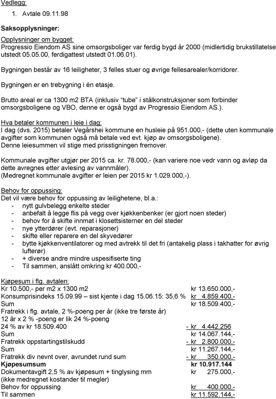 Brutto areal er ca 1300 m2 BTA (inklusiv tube i stålkonstruksjoner som forbinder omsorgsboligene og VBO, denne er også bygd av Progressio Eiendom AS.). Hva betaler kommunen i leie i dag: I dag (dvs.