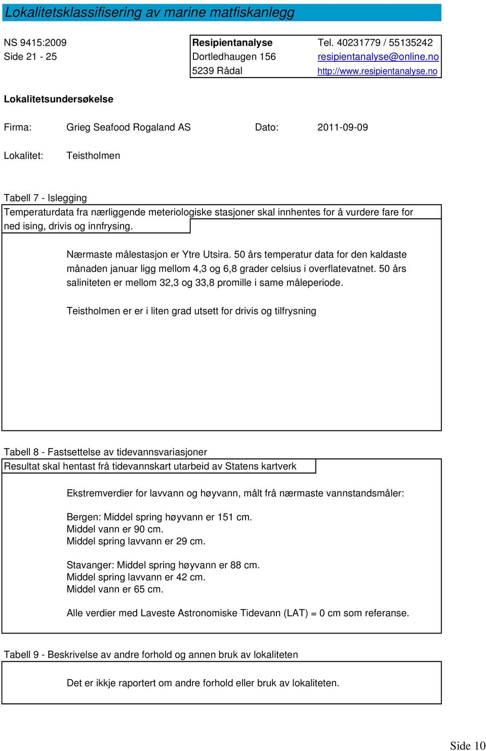 no Lokalitetsundersøkelse Firma: Grieg Seafood Rogaland AS Dato: 2011-09-09 Lokalitet: Teistholmen Tabell 7 - Islegging Temperaturdata fra nærliggende meteriologiske stasjoner skal innhentes for å