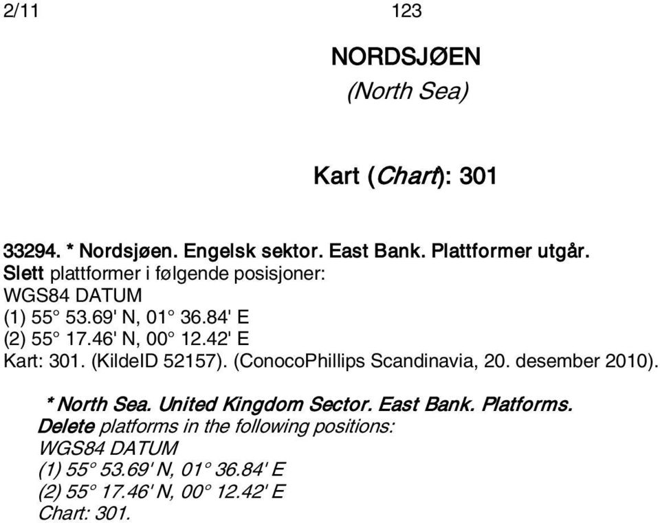 (KildeID 52157). (ConocoPhillips Scandinavia, 20. desember 2010). * North Sea. United Kingdom Sector. East Bank.