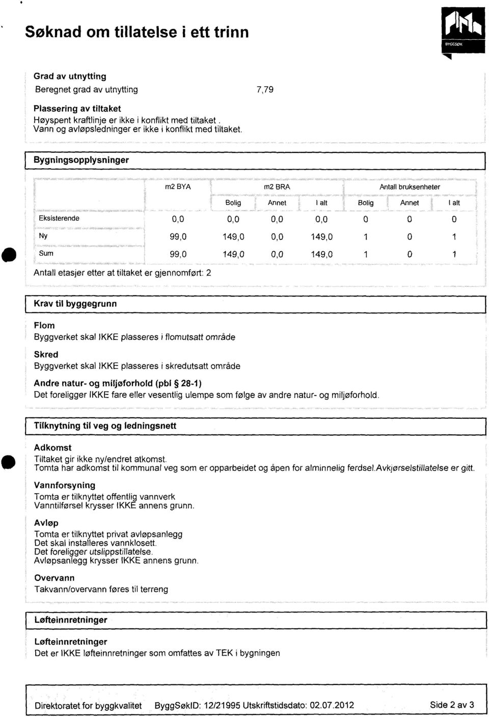 Bygningsopplysninger m2 BYA m2 BRA Antall bruksenheter Bolig Eksisterende 0,0 0,0 Ny 99,0 149,0 Sum 99,0 149,0 Annet I alt Bolig Annet I alt 0,0 0,0 0 0 0 0,0 149,0 1 0 1 0,0 149,0 1 0 1 Antall