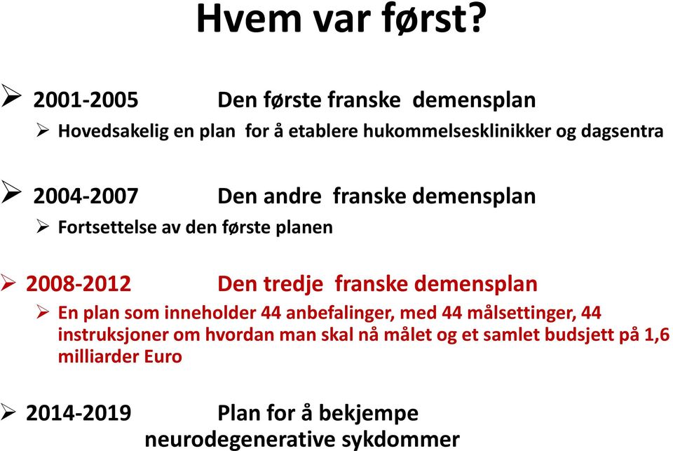 2004-2007 Fortsettelse av den første planen 2008-2012 Den andre franske demensplan Den tredje franske