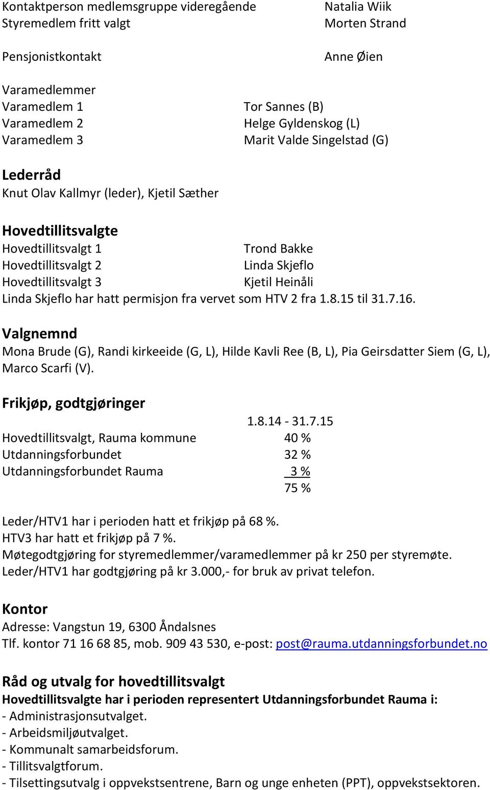 har hatt permisjon fra vervet som HTV 2 fra 1.8.15 til 31.7.16. Valgnemnd Mona Brude (G), Randi kirkeeide (G, L), Hilde Kavli Ree (B, L), Pia Geirsdatter Siem (G, L), Marco Scarfi (V).