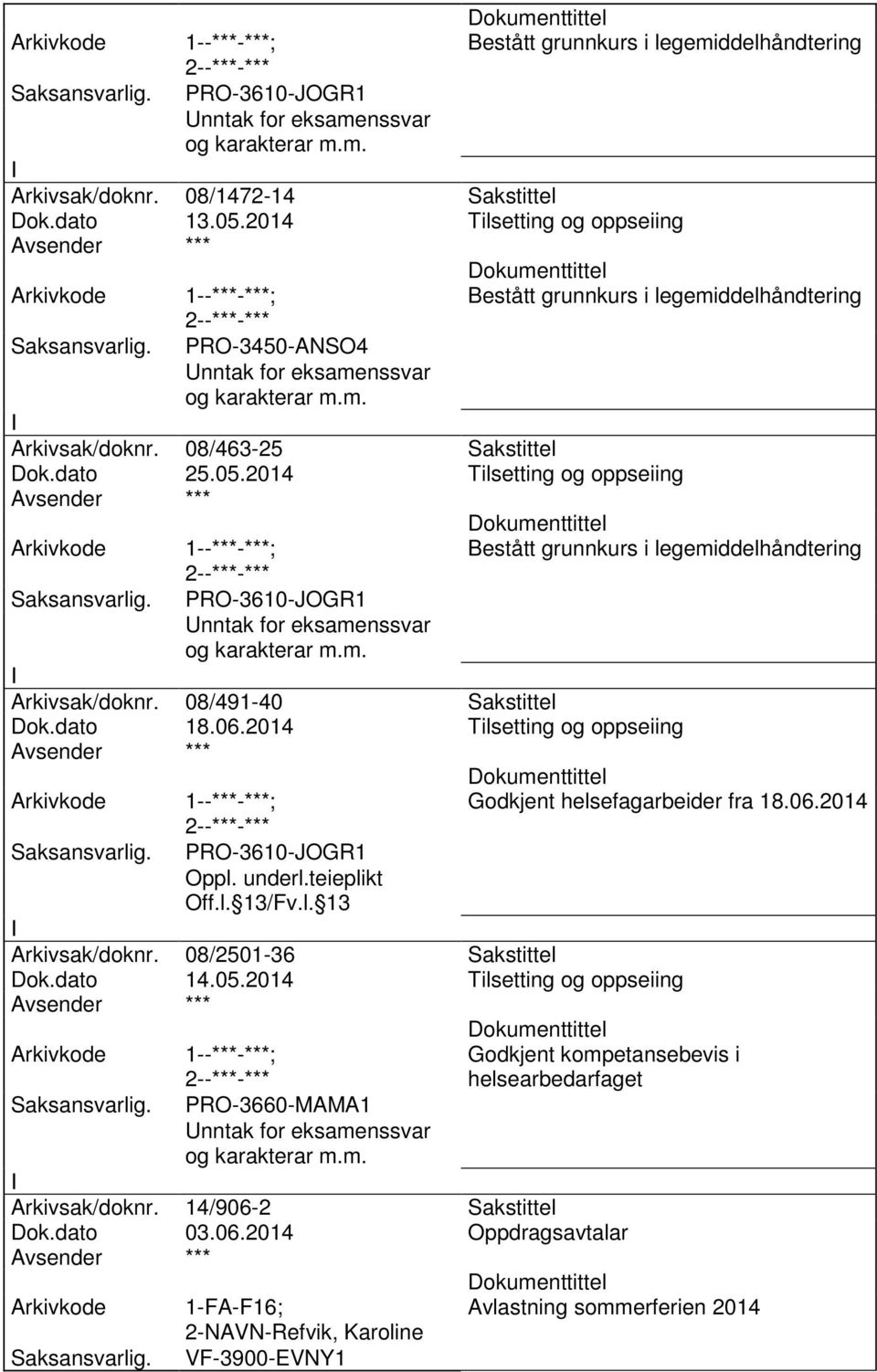 2014 Tilsetting og oppseiing PRO-3610-JOGR1 Bestått grunnkurs i legemiddelhåndtering Arkivsak/doknr. 08/491-40 Sakstittel Dok.dato 18.06.