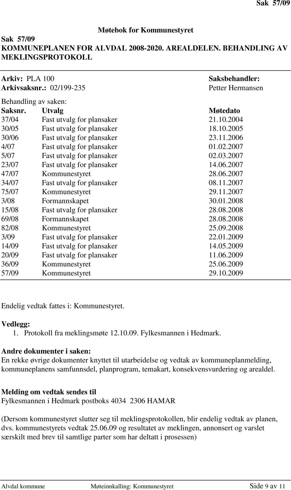 11.2006 4/07 Fast utvalg for plansaker 01.02.2007 5/07 Fast utvalg for plansaker 02.03.2007 23/07 Fast utvalg for plansaker 14.06.2007 47/07 Kommunestyret 28.06.2007 34/07 Fast utvalg for plansaker 08.