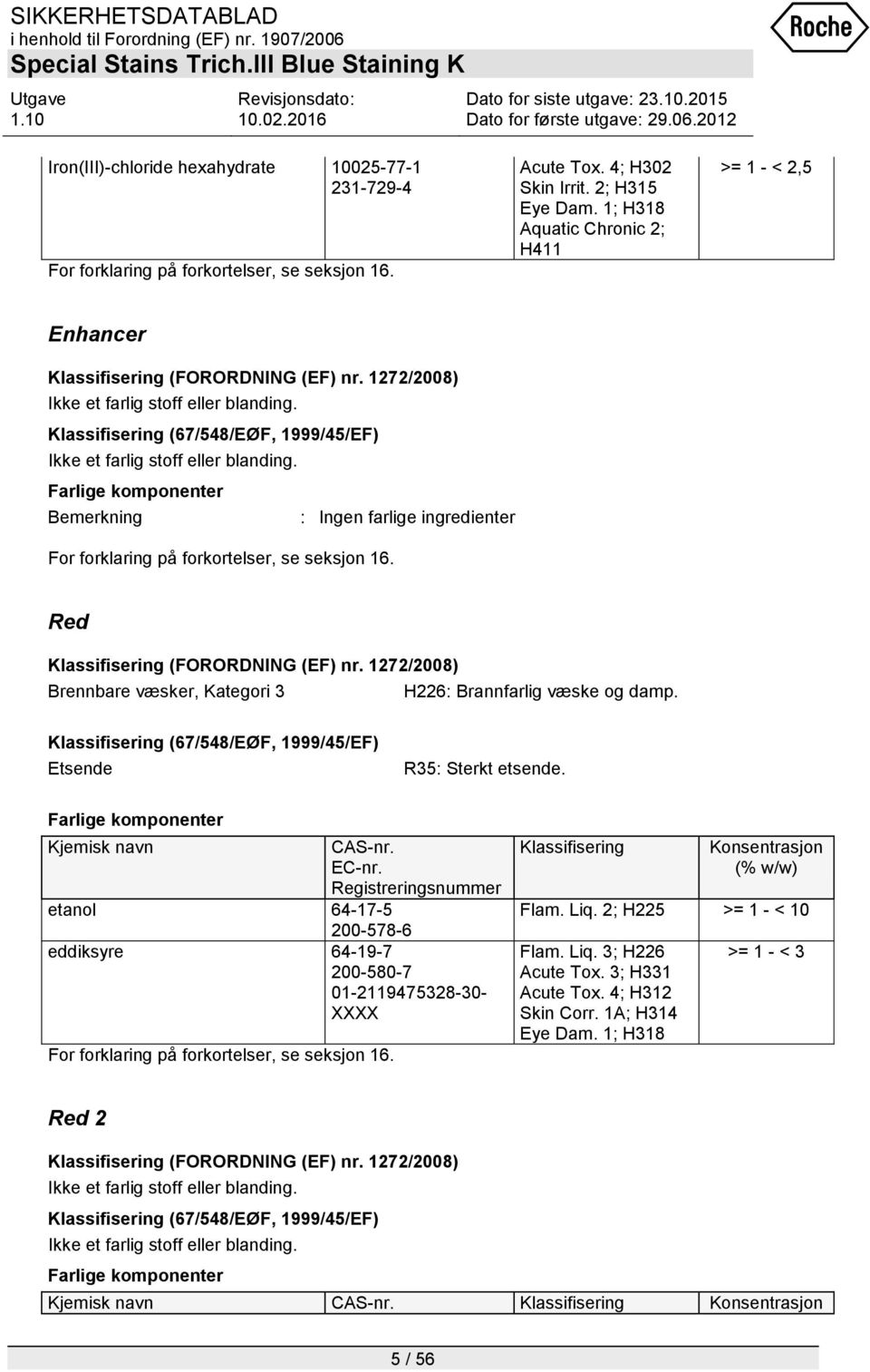 Klassifisering (67/548/EØF, 1999/45/EF) Ikke et farlig stoff eller blanding. Farlige komponenter Bemerkning : Ingen farlige ingredienter For forklaring på forkortelser, se seksjon 16.