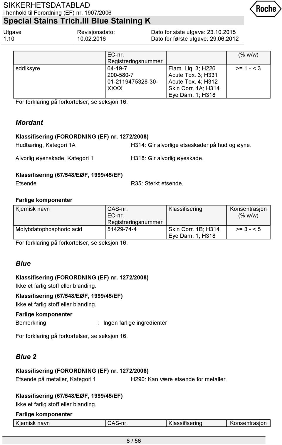 Alvorlig øyenskade, Kategori 1 H318: Gir alvorlig øyeskade. Klassifisering (67/548/EØF, 1999/45/EF) Etsende R35: Sterkt etsende. Farlige komponenter Kjemisk navn CAS-nr. EC-nr.