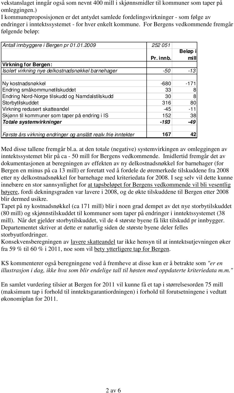 For Bergens vedkommende fremgår følgende beløp: Antall innby