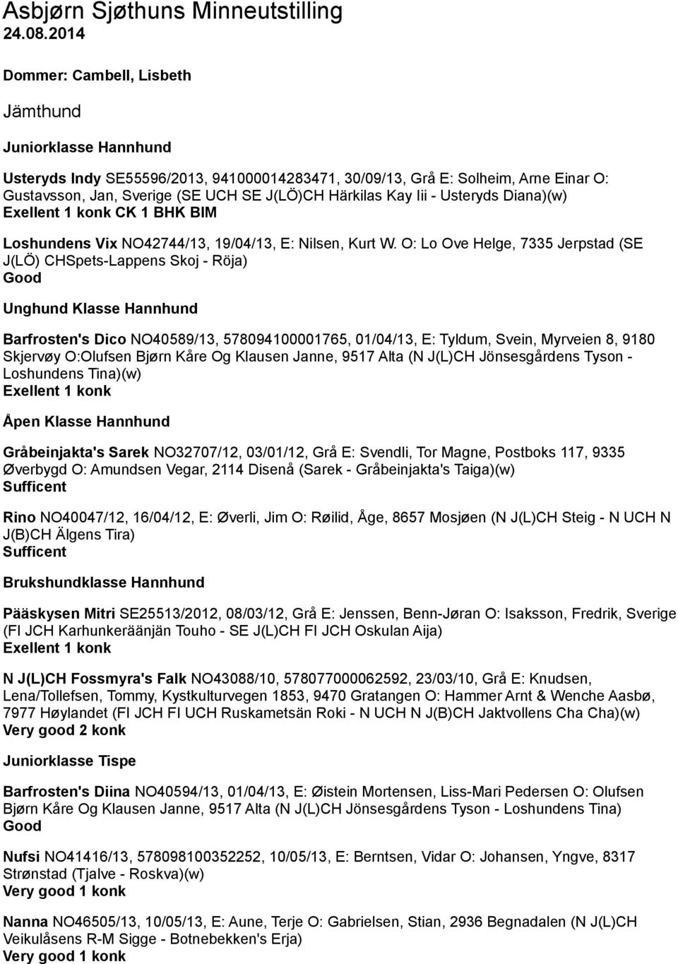 Kay Iii - Usteryds Diana)(w) CK 1 BHK BIM Loshundens Vix NO42744/13, 19/04/13, E: Nilsen, Kurt W.