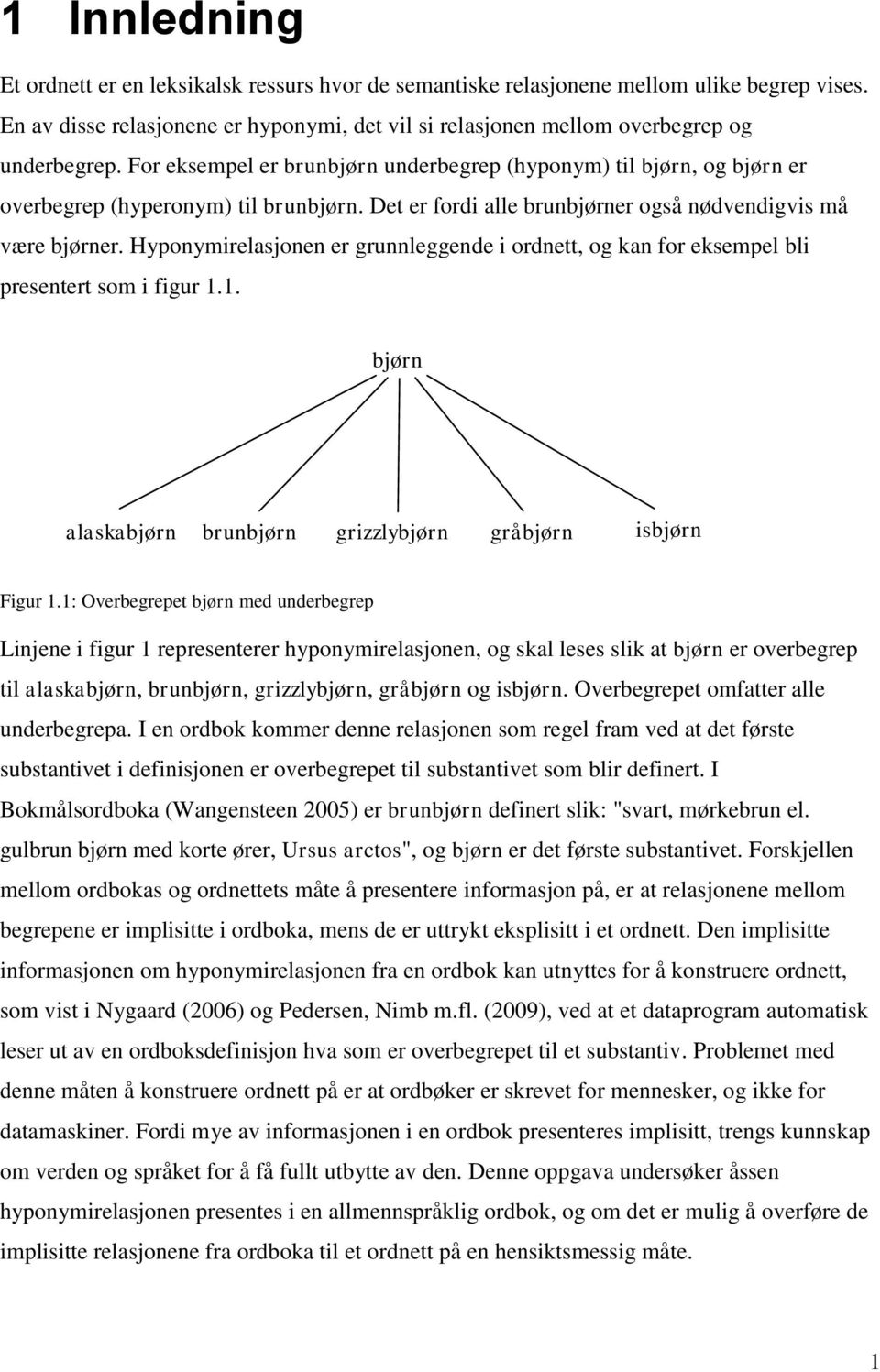 Hyponymirelasjonen er grunnleggende i ordnett, og kan for eksempel bli presentert som i figur 1.1. bjørn alaskabjørn brunbjørn grizzlybjørn gråbjørn isbjørn Figur 1.