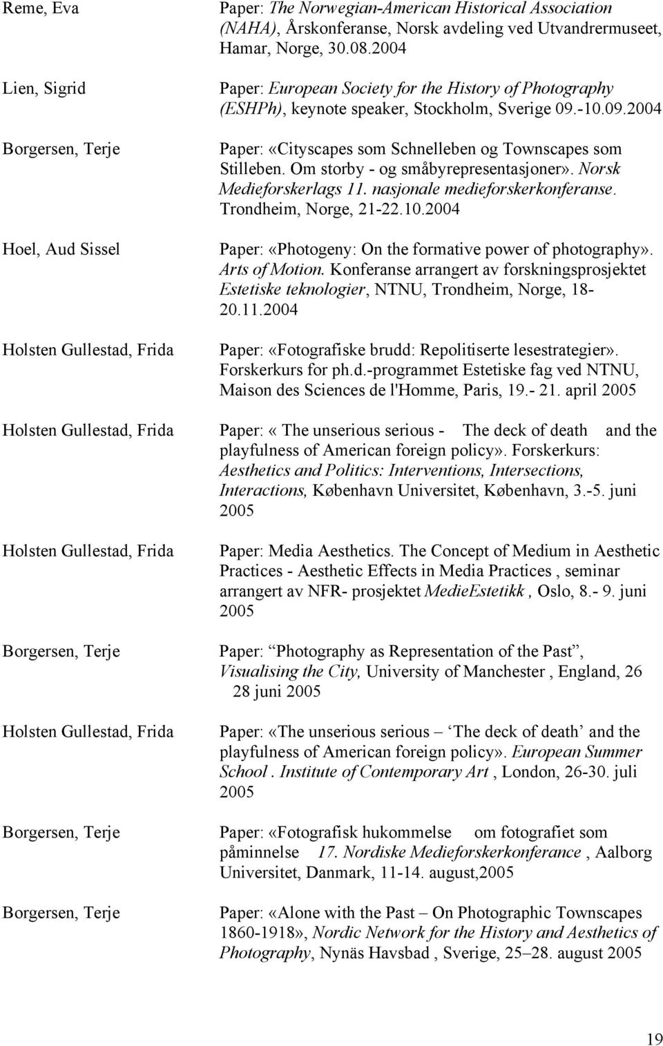 2004 Paper: European Society for the History of Photography (ESHPh), keynote speaker, Stockholm, Sverige 09.-10.09.2004 Paper: «Cityscapes som Schnelleben og Townscapes som Stilleben.