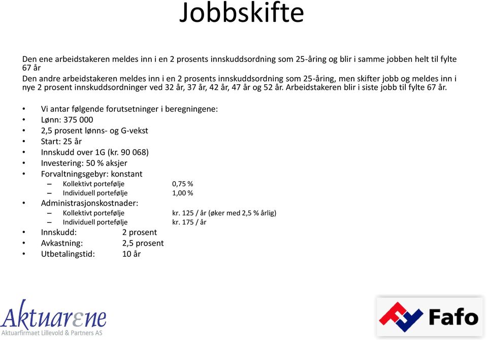 Vi antar følgende forutsetninger i beregningene: Lønn: 375 000 2,5 prosent lønns- og G-vekst Start: 25 år Innskudd over 1G (kr.