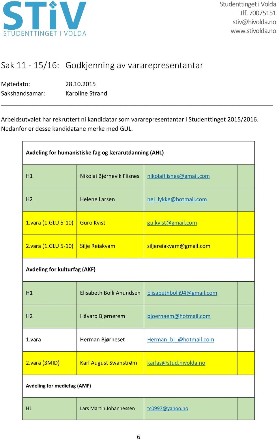 vara (1.GLU 5-10) Guro Kvist gu.kvist@gmail.com 2.vara (1.GLU 5-10) Silje Reiakvam siljereiakvam@gmail.com Avdeling for kulturfag (AKF) H1 Elisabeth Bolli Anundsen Elisabethbolli94@gmail.