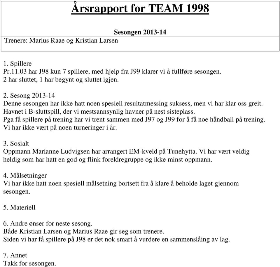 Havnet i B-sluttspill, der vi mestsannsynlig havner på nest sisteplass. Pga få spillere på trening har vi trent sammen med J97 og J99 for å få noe håndball på trening.