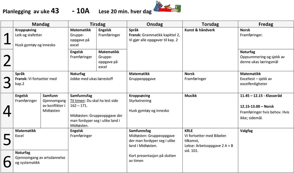 Samfunnsfag Til timen: Du skal ha lest side 7. Midtøsten: der man fordyper seg i ulike land i Midtøsten. Fransk: Grammatikk kapittel, Vi gjør alle oppgaver til kap.