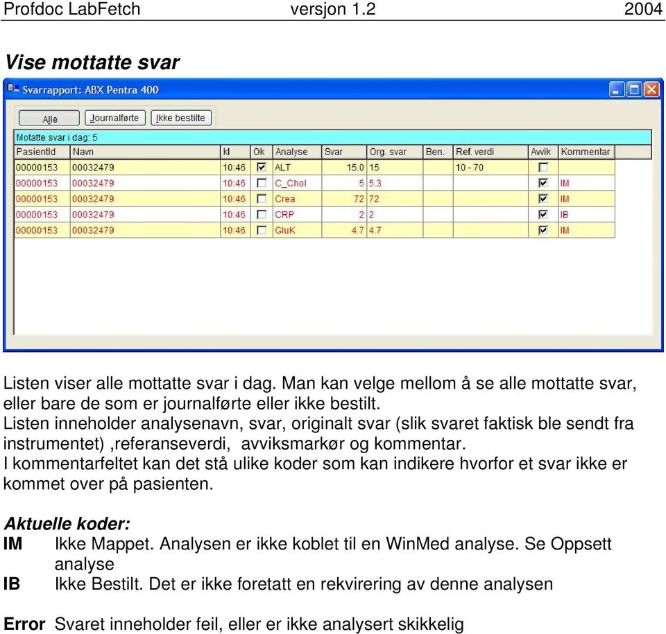 I kommentarfeltet kan det stå ulike koder som kan indikere hvorfor et svar ikke er kommet over på pasienten. Aktuelle koder: IM Ikke Mappet.