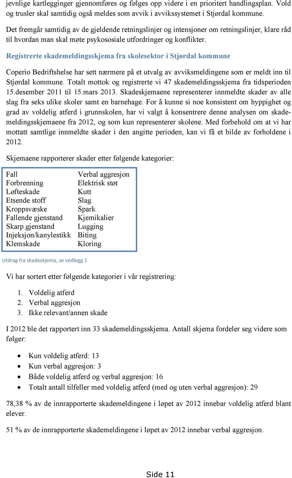 Registrerte skademeldingsskjema fra skolesektor i Stjørdal kommune Coperio Bedriftshelse har sett nærmere på et utvalg av avviksmeldingene som er meldt inn til Stjørdal kommune.