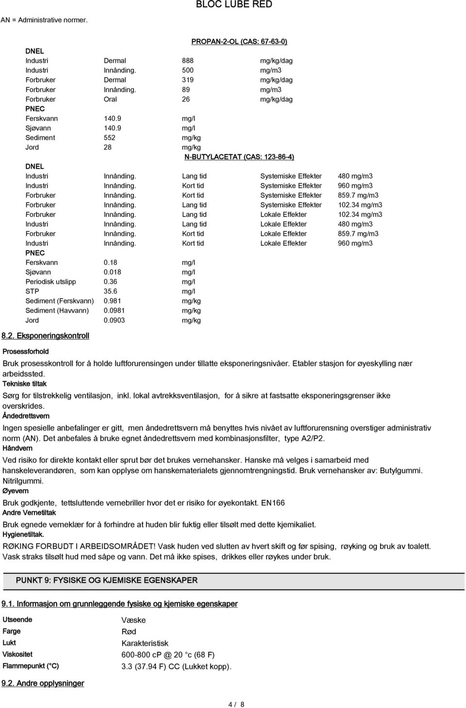 Kort tid Systemiske Effekter 960 mg/m3 Forbruker Innånding. Kort tid Systemiske Effekter 859.7 mg/m3 Forbruker Innånding. Lang tid Systemiske Effekter 102.34 mg/m3 Forbruker Innånding.