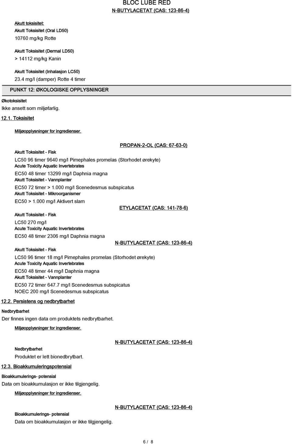 Akutt Toksisitet - Fisk PROPAN-2-OL (CAS: 67-63-0) LC50 96 timer 9640 mg/l Pimephales promelas (Storhodet ørekyte) Acute Toxicity Aquatic Invertebrates EC50 48 timer 13299 mg/l Daphnia magna Akutt