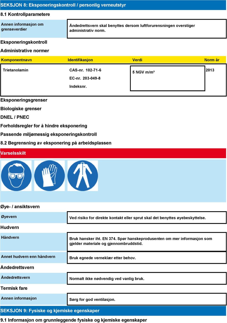 5 NGV m/m³ 2013 Eksponeringsgrenser Biologiske grenser DNEL / PNEC Forholdsregler for å hindre eksponering Passende miljømessig eksponeringskontroll 8.