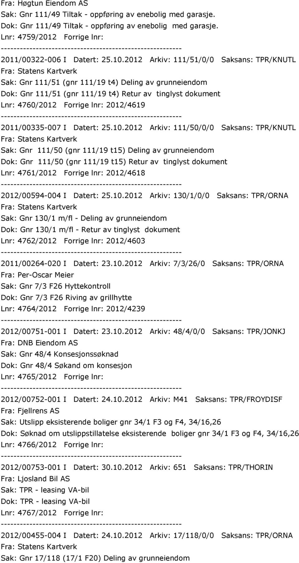 Forrige lnr: 2012/4619 2011/00335-007 I Datert: 25.10.