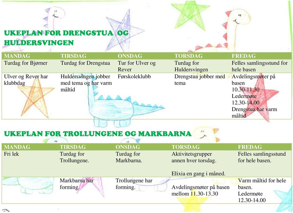 00 Drengstua har varm måltid UKEPLAN FOR TROLLUNGENE OG MARKBARNA MANDAG TIRSDAG ONSDAG TORSDAG FREDAG Fri lek Turdag for Turdag for Aktivitetsgrupper Felles samlingsstund Trollungene.