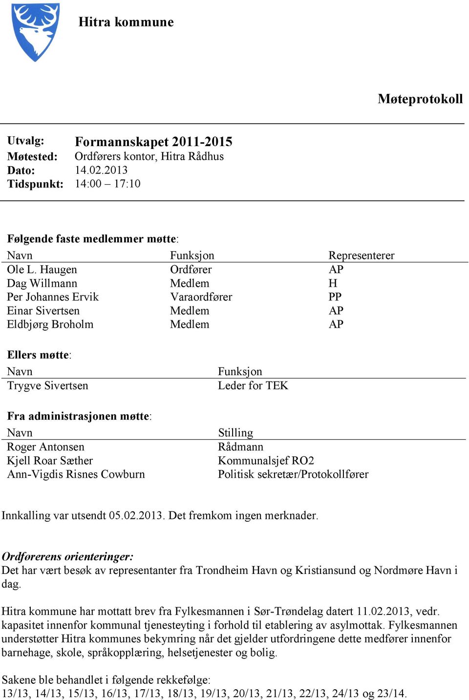 Haugen Ordfører AP Dag Willmann Medlem H Per Johannes Ervik Varaordfører PP Einar Sivertsen Medlem AP Eldbjørg Broholm Medlem AP Ellers møtte: Navn Trygve Sivertsen Fra administrasjonen møtte: Navn