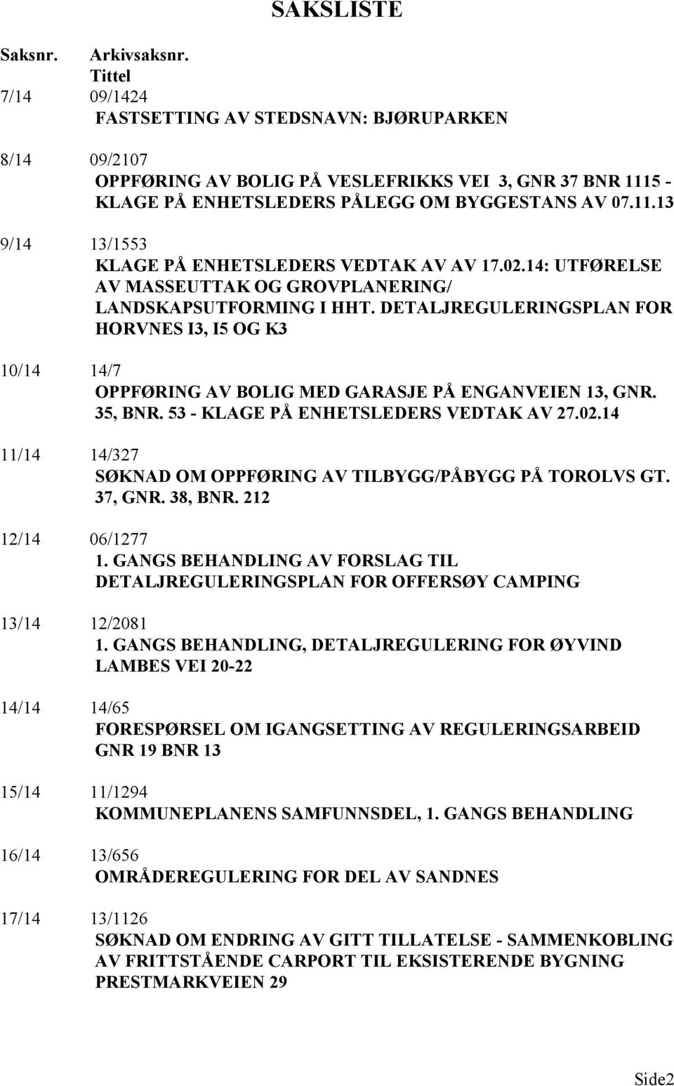 02.14: UTFØRELSE A MASSEUTTAK OG GROPLANERING/ LANDSKAPSUTFORMING I HHT. DETALJREGULERINGSPLAN FOR HORNES I3, I5 OG K3 10/14 14/7 OPPFØRING A BOLIG MED GARASJE PÅ ENGANEIEN 13, GNR. 35, BNR.