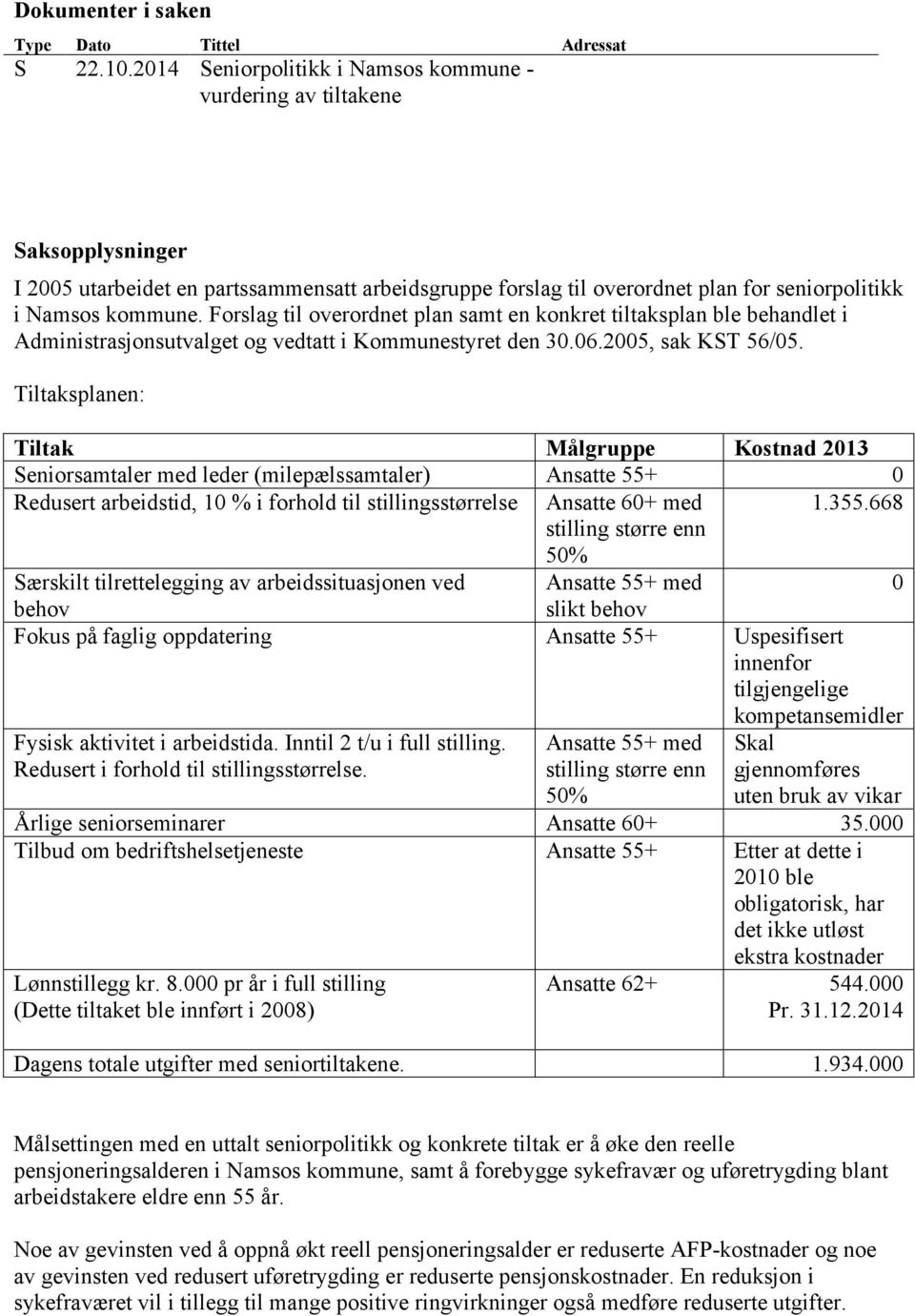 Forslag til overordnet plan samt en konkret tiltaksplan ble behandlet i Administrasjonsutvalget og vedtatt i Kommunestyret den 30.06.2005, sak KST 56/05.