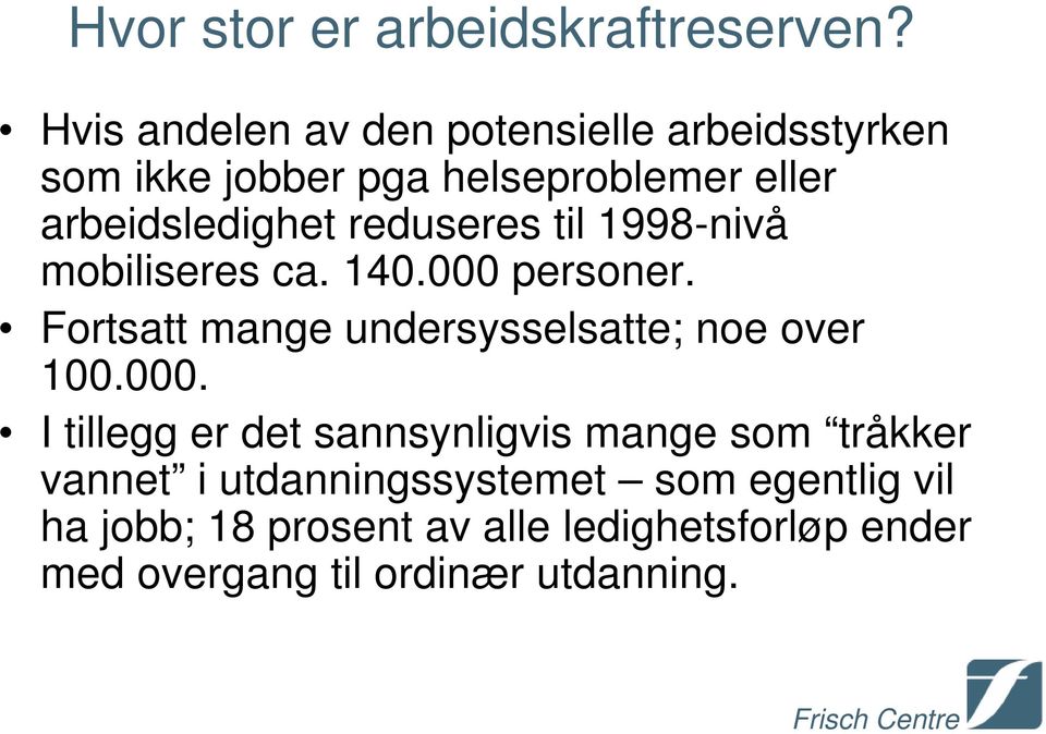 reduseres til 1998-nivå mobiliseres ca. 140.000 personer. Fortsatt mange undersysselsatte; noe over 100.