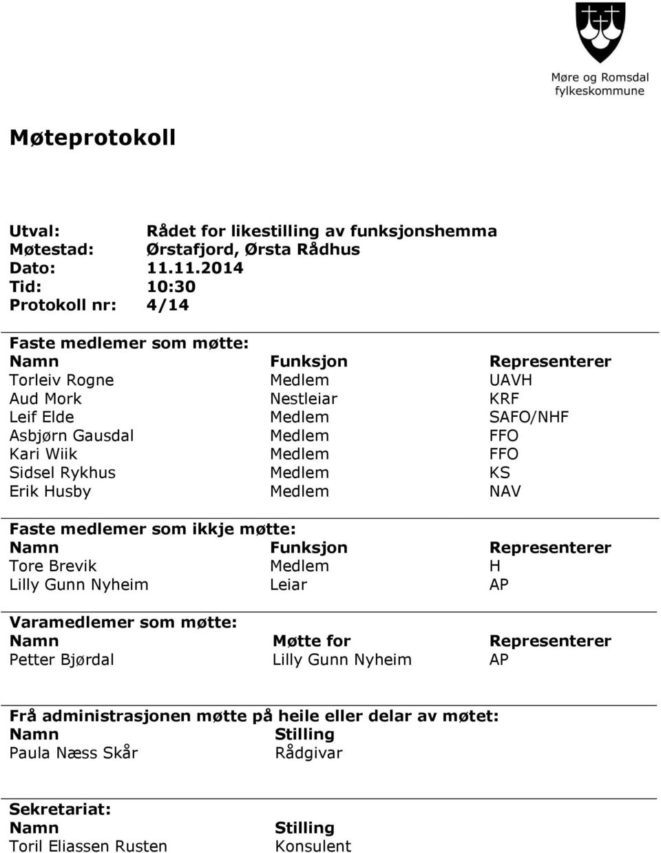 Gausdal Medlem FFO Kari Wiik Medlem FFO Sidsel Rykhus Medlem KS Erik Husby Medlem NAV Faste medlemer som ikkje møtte: Namn Funksjon Representerer Tore Brevik Medlem H Lilly Gunn