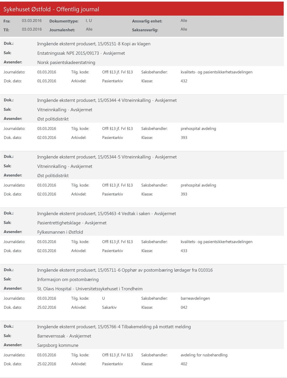 2016 Arkivdel: Pasientarkiv 393 Inngående eksternt produsert, 15/05344-5 Vitneinnkalling - Vitneinnkalling - Øst politidistrikt prehospital avdeling Dok. dato: 02.03.