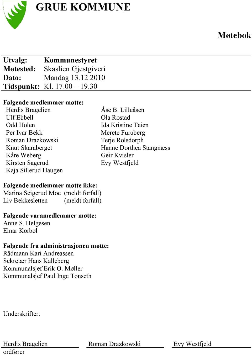 Lilleåsen Ola Rostad Ida Kristine Teien Merete Furuberg Terje Rolsdorph Hanne Dorthea Stangnæss Geir Kvisler Evy Westfjeld Følgende medlemmer møtte ikke: Marina Seigerud Moe (meldt forfall) Liv