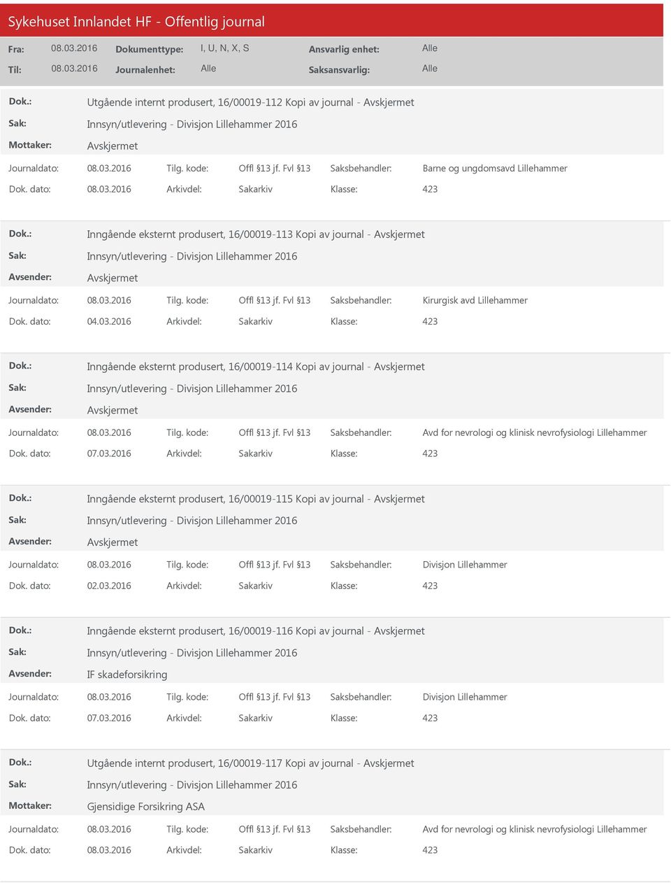 2016 Arkivdel: Sakarkiv Inngående eksternt produsert, 16/00019-114 Kopi av journal - Innsyn/utlevering - Divisjon Lillehammer 2016 Avd for nevrologi og klinisk nevrofysiologi Lillehammer Dok.